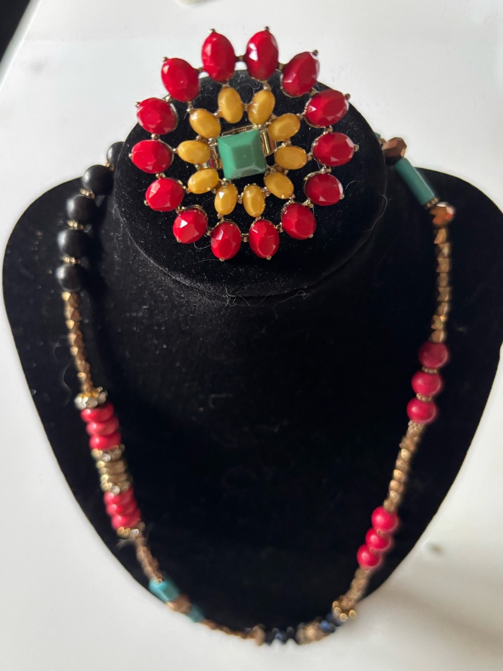 Multicolor Boho Beaded Stretch Necklace Adjustable Statement Ring Set